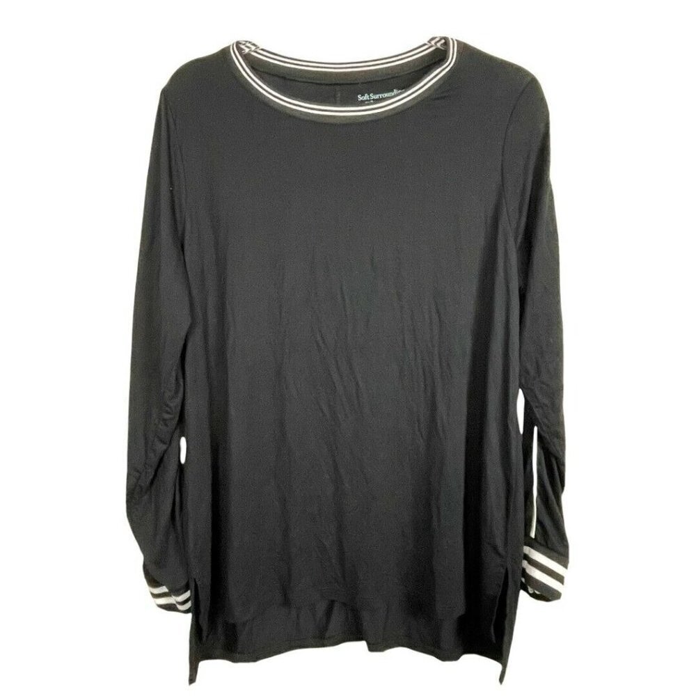 Soft Surroundings Size Large Black Striped Knit Cuff Collar Tunic Shirt